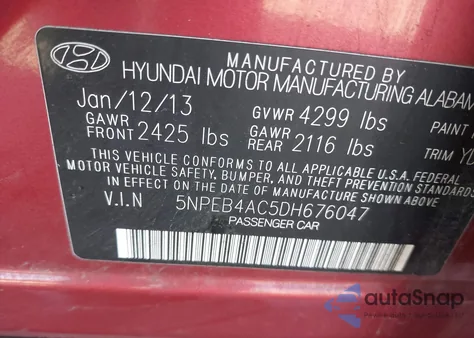 2013 Hyundai Sonata Gls from USA, damaged, VIN 5NPEB4AC5DH676047